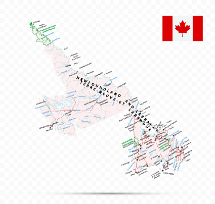 Newfoundland and Labrador Map. Canada state with cities and towns