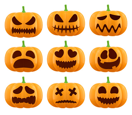 Set of Halloween pumpkin heads with different emotions. 3D rendered image