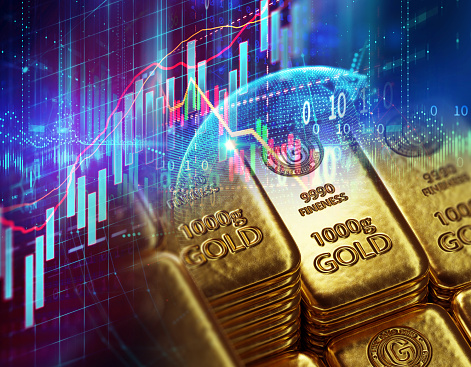 stack of  shiny gold bars on financial gold price graph ,concept of safe heaven investment , 3d illustration