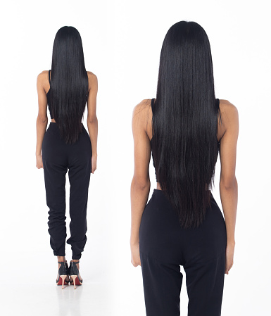Rear Back view Full Length half body tanned skin women with disability of young adult stand confident, white background. Asian female long straight hair smile in black shirt dress pant high heel shoes