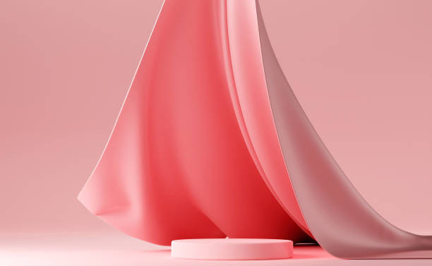 istock Pink pastel podium with pink flying fabric, cloth background 1426076395
