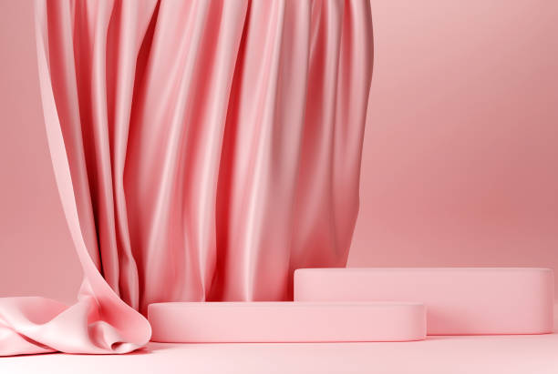 istock Pink pastel podium with pink flying fabric, cloth background 1426076928