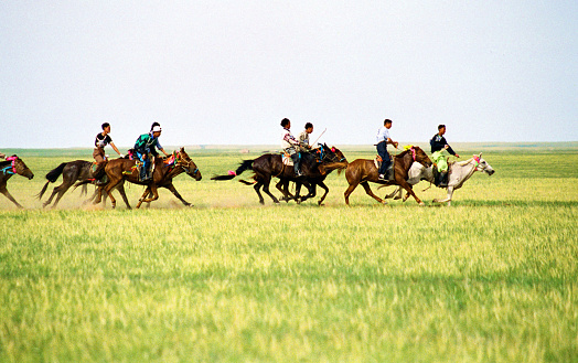 China has a large Mongolian population, mainly in the Inner Mongolia region bordering Mongolia. Naadam is the Mongolian annual most solemn national festival. There are horse racing, Mongolian wrestling, Mongolian chess, performances, rallies, trading and other traditional events. Film photo in 29 July 1997, Sonid Youqi,  Inner Mongolia, China