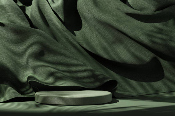 Dark green podium with green flying fabric, cloth background