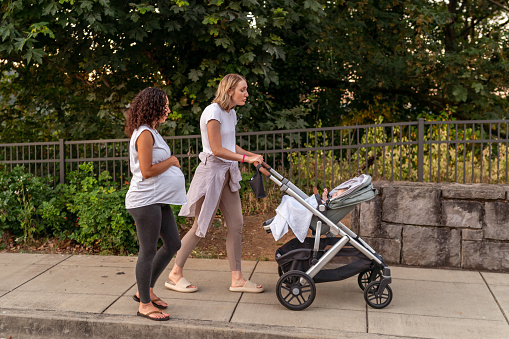 Profile view of a mixed race woman who is eight months pregnant going for a relaxing evening walk  through a park with a girlfriend who is pushing a baby stroller.