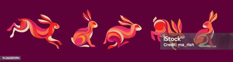 istock Collection of running, jumping rabbits, bunnies illustrations. Chinese new year 2023 year of the rabbit, Chinese zodiac symbol. 1426081094