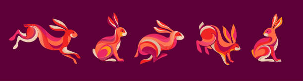 Collection of running, jumping rabbits, bunnies illustrations. Chinese new year 2023 year of the rabbit, Chinese zodiac symbol. vector art illustration