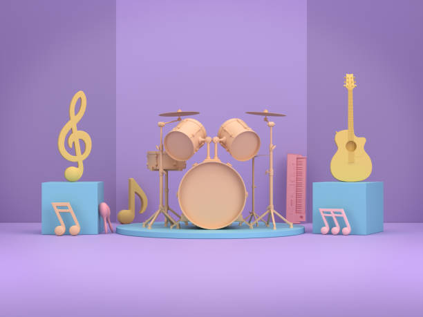 istock Podiums for products show with mock-up colorful musical notes and instruments. 1426084772