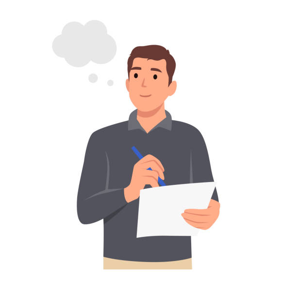 Young man standing with thoughtful expression and holding paper notebook. Thinking man character. Flat vector illustration isolated on white background Young man standing with thoughtful expression and holding paper notebook. Thinking man character. Flat vector illustration isolated on white background person writing on notepad stock illustrations
