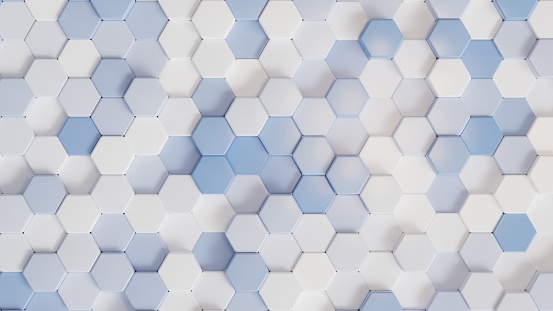3D Futuristic blue hexagon mosaic background. Realistic geometric mesh cells texture. Abstract honeycomb grid wallpaper
