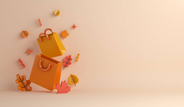 istock Autumn decoration background with shopping bag, orange leaves, copy space text, 3d rendering illustration 1426092305