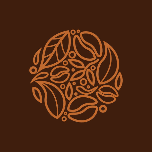 천연 커피 로고 낙서 스타일 우아한 원 모양 갈색 색상, 벡터 그래픽 디자인 - coffee circle coffee bean label stock illustrations
