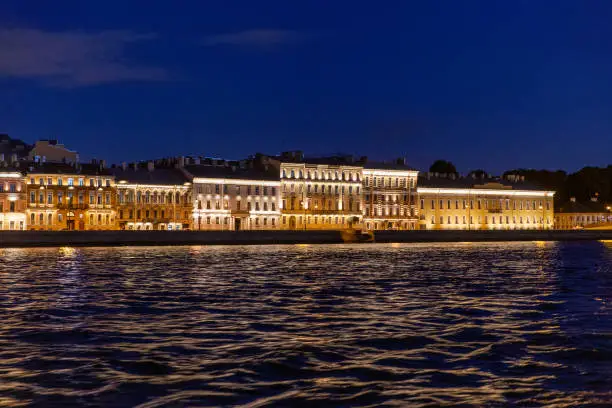 Photo of Panorama of the palace embankment at night. St. Petersburg