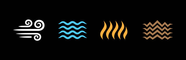 symbolsatz für vier elemente. vier element-energiesymbol-sets. wind, luft, wasser, feuerflamme, erde, landgeländesymbole oder zeichen. grafikdesign-vorlage einfache flache illustrationen in schwarzem hintergrund. - abstract blue flame backgrounds stock-grafiken, -clipart, -cartoons und -symbole