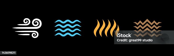 istock Four elements icon set. Four element energy symbol sets. Wind, air, water, fire flame, earth, land terrain symbols or sign. Graphic design template Simple flat illustrations in black background. 1426098211