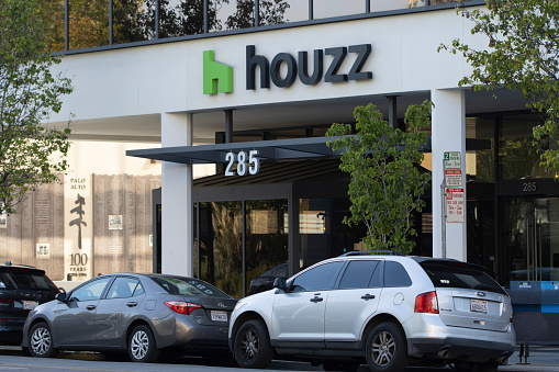 Palo Alto, CA, USA - Apr 26, 2022: Exterior view of the Houzz headquarters in Palo Alto, California. Houzz is a website, online community and software for architecture, design and home improvement.