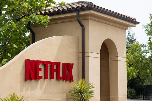 Los Gatos, CA, USA - May 5, 2022: The main entrance to the Netflix headquarters in Los Gatos, California. Netflix is a subscription streaming service and production company.
