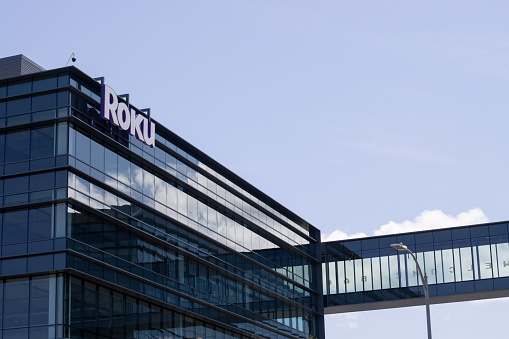 San Jose, CA, USA - Apr 30, 2022: Exterior view of the Roku headquarters in San Jose, California. Roku is a streaming platform that connects the entire TV ecosystem.