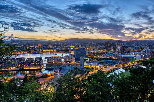 The skyline of the norwegian capital Oslo after a beautiful sunset