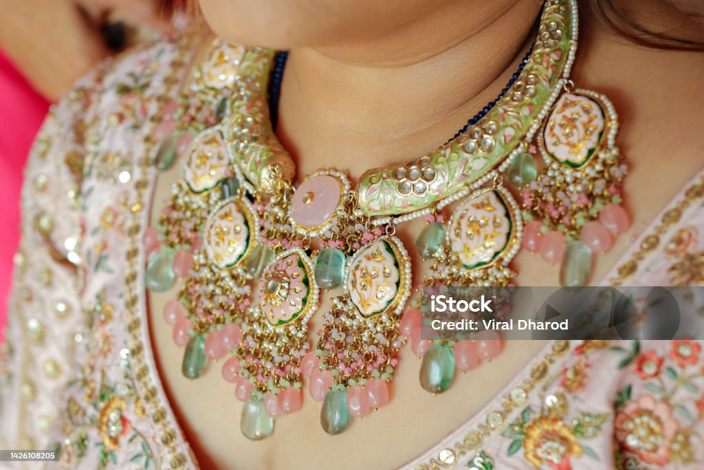 Indian Jewellery Design Authentic Traditional Indian Jewellery Necklace in Brides Neck Beauty Stock Photo