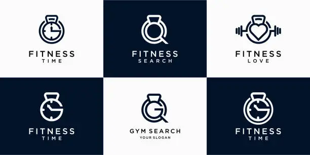 Vector illustration of Set of abstract fitness gym symbol design, gym search and gym time. Premium Vector