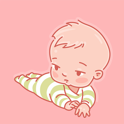Cute little baby boy or girl lying on stomach, head up. Simple cartoon style. Color vector illustration
