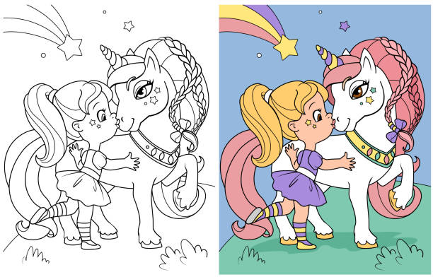 illustrazioni stock, clip art, cartoni animati e icone di tendenza di disegno da colorare. ragazza e unicorno. iillustration da favola. - horse child pony little girls