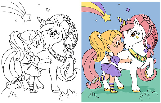 Coloring book vector illustration of beautiful  fairy baby girl embracing  white unicorn.  Princess  with horse. Vector illustration