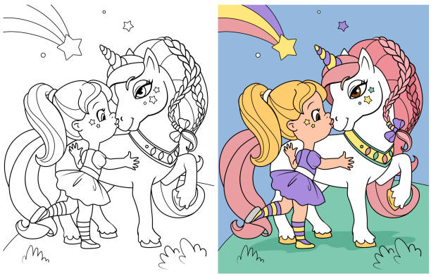 Coloring page. Girl and unicorn. Fairy tale iillustration. Coloring book vector illustration of beautiful  fairy baby girl embracing  white unicorn.  Princess  with horse. Vector illustration pony stock illustrations