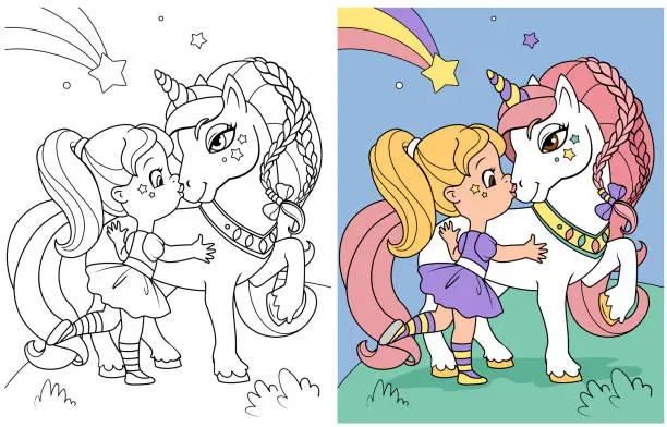 Vector illustration of Coloring page. Girl and unicorn. Fairy tale iillustration.