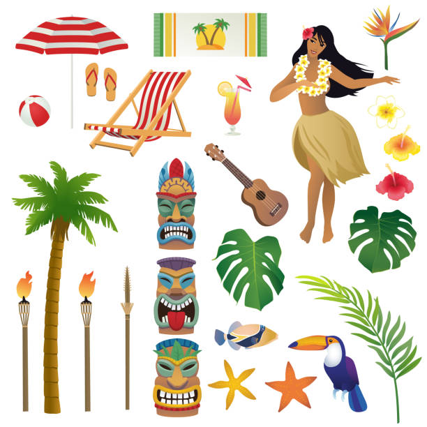 Set of realistic vector illustrations on Hawaiian tropical theme Bright vector illustration of а group of objects, beautiful Hawaiian girl, tiki idol, tropical plants and birds, beach accessories tiki torch stock illustrations