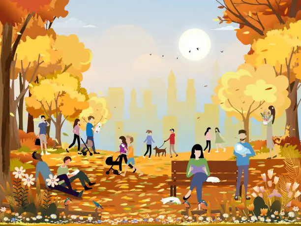 Vector illustration of Autumn landscape in city park with happy people having fun, family walking the dog,boy talking on phone, man reading news paper and a girl sitting on bench having coffee reading book in orange foliage