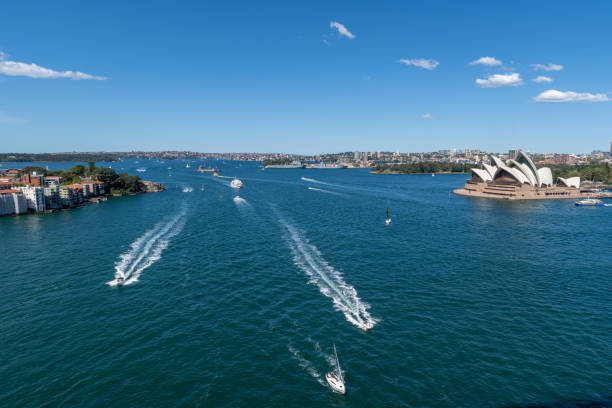 Aerial shot. Wide panoramic View of Opera House and Sydney city from Sydney Harbour Bridge on 18 Sept 2022. Sydney skyline and buildings can be seen in the distant. Sea and boats can be seen. Wide harbour view.