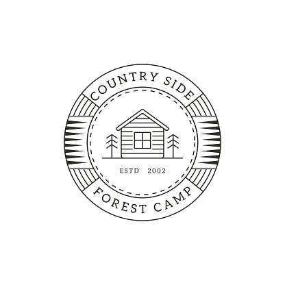 Minimalist line art countryside forest camp logo badge vector, traditional building architecture vector illustrations