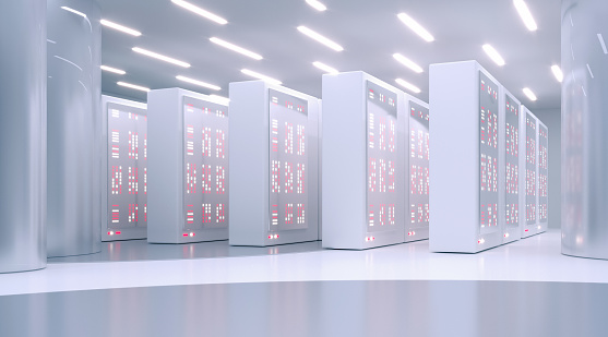 Bright and minimalist data center with rows of computer servers aligned in rows filling a clean and futuristic environment with white reflective surfaces. Bright illumination with high key design style. Computer network equipment, data center and cloud computing system, artificial intelligence, blockchain, supercomputers. Digitally generated image.
