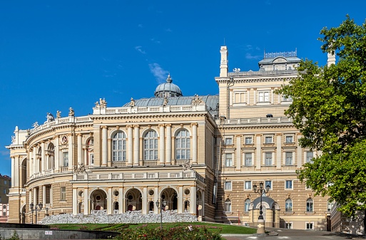 Odessa, Ukraine 04.09.2022. Odessa National Academic Opera and Ballet Theater in Ukraine, on a sunny summer day