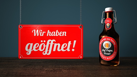 German text Geoeffnet, Vatertagsbier, translate Open, Fathers Day Beer. 3d illustration.