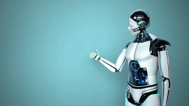 A white humanoid robot in front of a turquoise wall.  3d illustration.