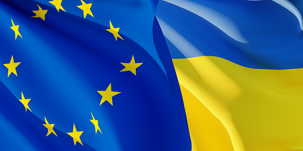 European and Ukrainian flags flying in the wind. European Union stand with Ukraine. 3D rendered image.