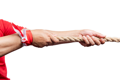 Indonesian men celebrate Indonesian independence day on 17 August with the tug of war contest isolated over white background