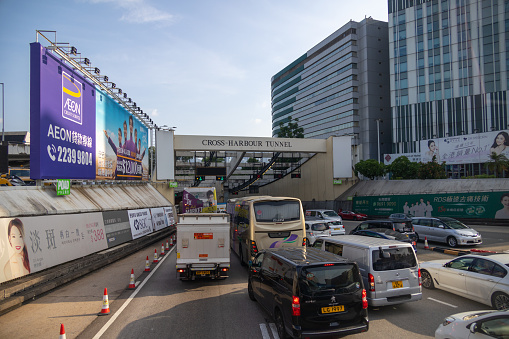 Hong Kong - September 21, 2022 : Entrance to the Cross-Harbour Tunnel in Hung Hom, Kowloon, Hong Kong. The Cross-Harbour Tunnel is the first tunnel in Hong Kong built underwater.