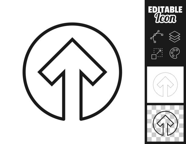 Up arrow. Icon for design. Easily editable Icon of "Up arrow" for your own design. Three icons with editable stroke included in the bundle: - One black icon on a white background. - One line icon with only a thin black outline in a line art style (you can adjust the stroke weight as you want). - One icon on a blank transparent background (for change background or texture). The layers are named to facilitate your customization. Vector Illustration (EPS file, well layered and grouped). Easy to edit, manipulate, resize or colorize. Vector and Jpeg file of different sizes. arrow up symbol stock illustrations