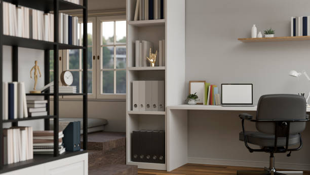 istock Modern contemporary home working room interior design with minimal white workstation 1426139318