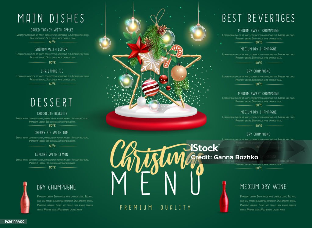 Christmas holiday restaurant menu design with 3D Christmas decoration and champagne bottles. Vector illustration - Royaltyfri Jul vektorgrafik