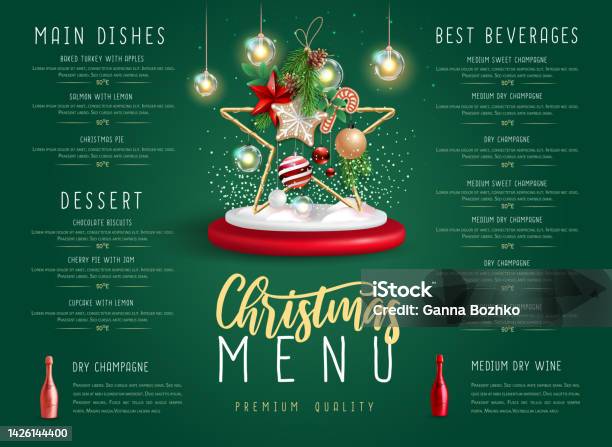 Christmas Holiday Restaurant Menu Design With 3d Christmas Decoration And Champagne Bottles Vector Illustration-vektorgrafik och fler bilder på Jul