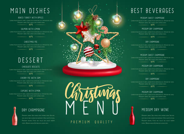 Christmas holiday restaurant menu design with 3D Christmas decoration and champagne bottles. Vector illustration Christmas holiday restaurant menu design with 3D Christmas decoration and champagne bottles. Vector illustration traditional christmas stock illustrations