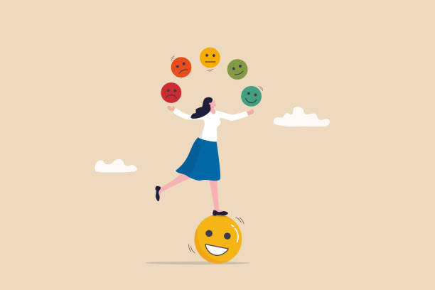 ilustrações de stock, clip art, desenhos animados e ícones de emotional intelligence, control feeling or emotion, psychology to be success or balance of anxiety and happiness concept, cheerful woman balance on smiling face juggling expression emotional faces. - juggling