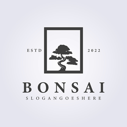 bonsai tree with retro style in badge logo vector illustration design