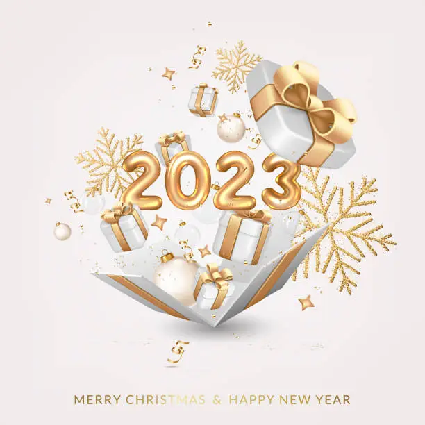 Vector illustration of Christmas and New Year 2023 greeting card with balls, gift boxes,  confetti, ribbons and snowflakes.