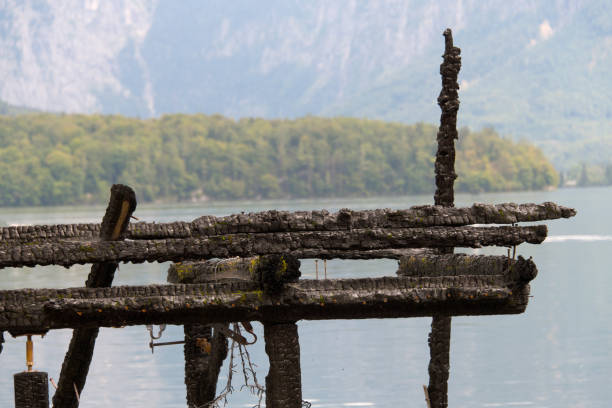 Close up of burnt charred wooden wood structure on a lake as a concept for fire damage and arson